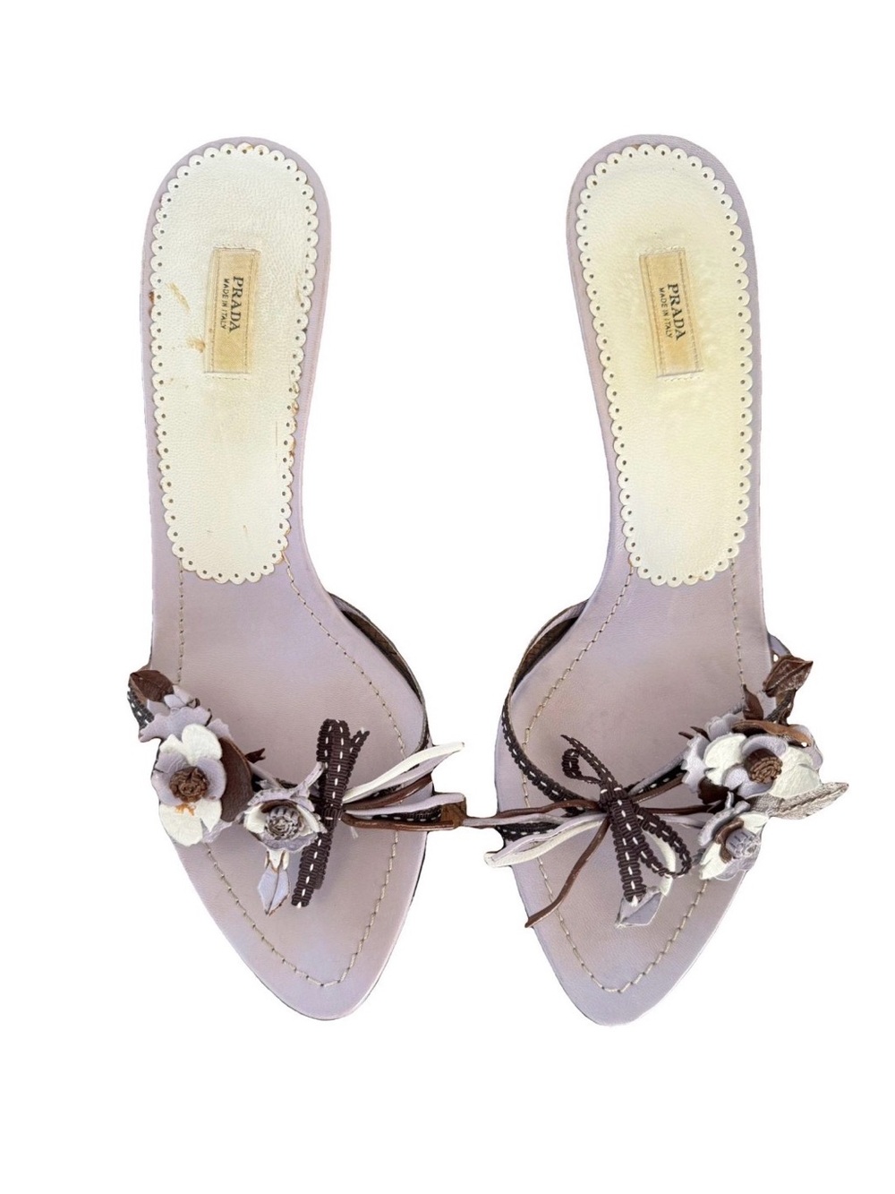 Prada EU 38 Vintage Flower Bouquet Appliqué Sandal Kitten Heels Open Toe Shoes